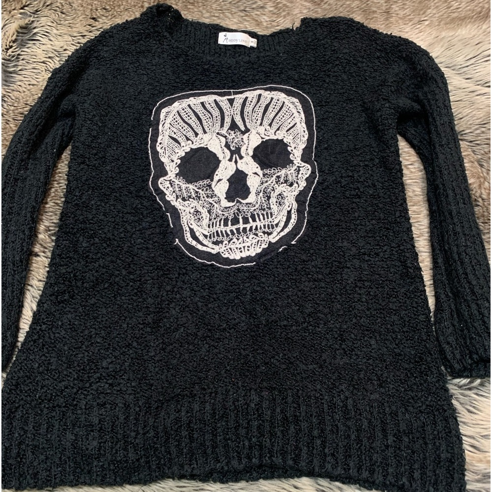 Bodyline Skull Sweater Black Embroidered Mesh Applique Crochet Lace Size S